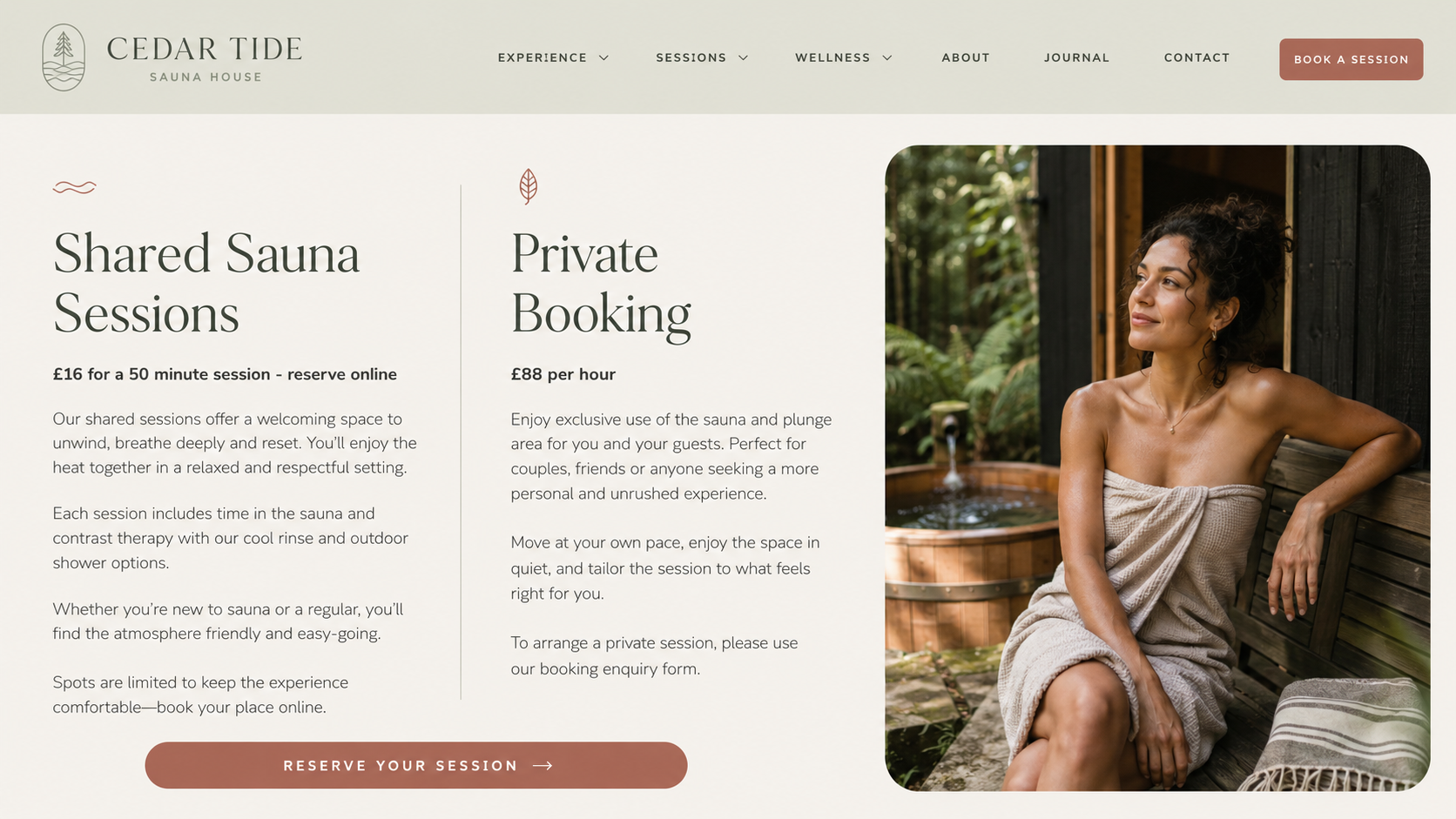Screenshot of an anonymised sauna website concept